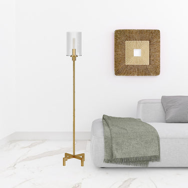 Brass Torchiere Floor Lamp With Clear Glass Drum Shade